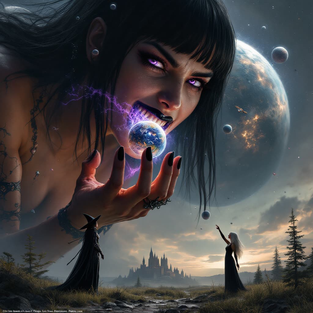 AI generated: enormous giantess female who looks like WWE superstar 
 Rhea Ripley with black medium length hair an...