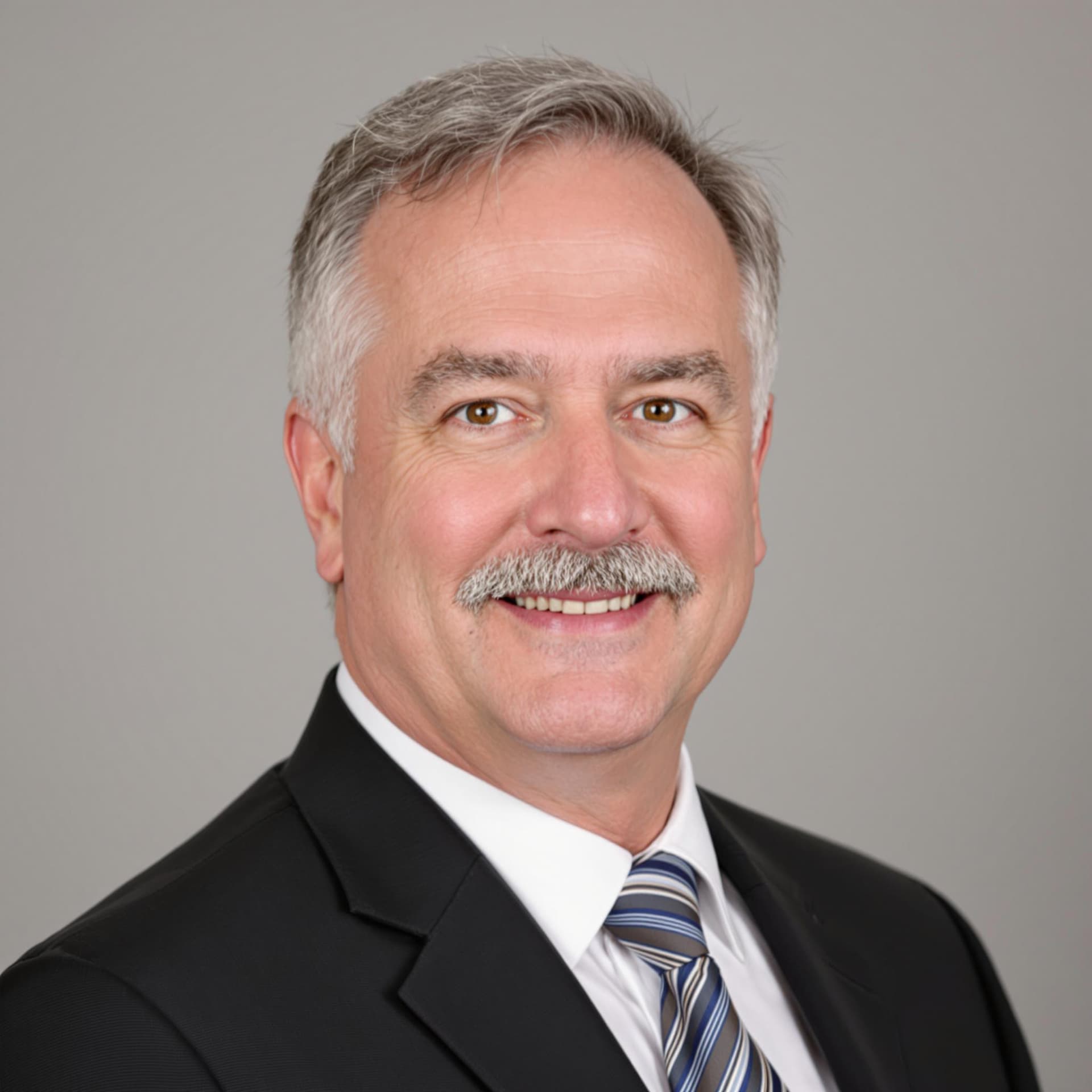 AI generated: professional headshot of a distinguished middle-aged man wearing a dark suit, white shirt, and strip...