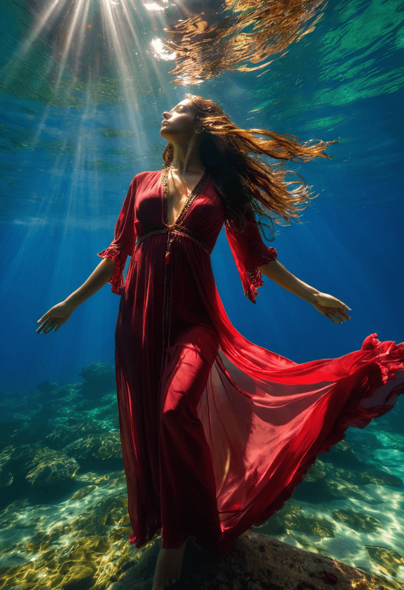 AI generated: HDR photo of (underwater photography:1.2), award winning, sparkling atmosphere, (god rays:1.4), woma...