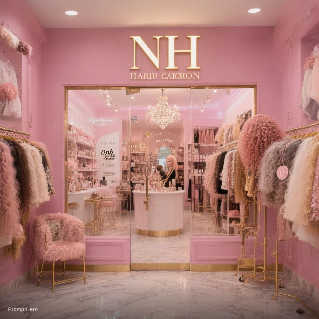 AI generated: A classy Hair braiding and wigging salon called "NH" pink and gold 
curly hair