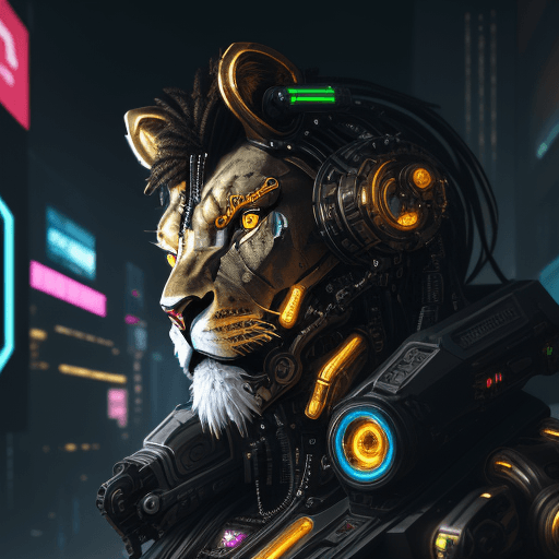 AI generated: create a lion, cyborg, made with mechanical parts, shiny, cyberpunk, reflective, hyperrealistic, inv...