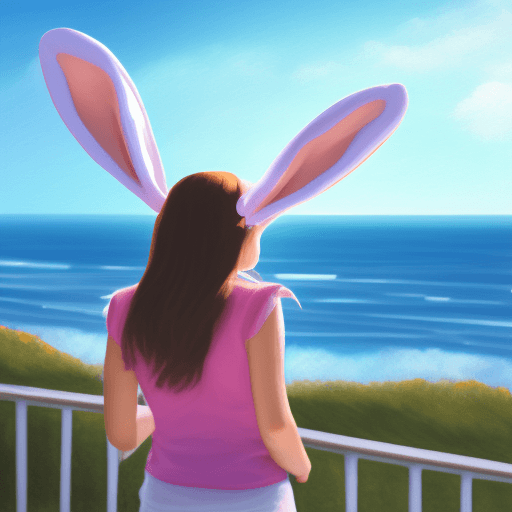 AI generated: Female, overlooking the ocean, daylight, indirect lighting, bunny ears