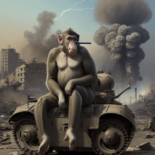 AI generated: hyperrealistic monkey smoking cigarettes during war, he is sittin on big bombs, in the background ta...