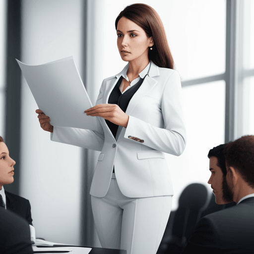 AI generated: A woman in a white business suit reads a presentation