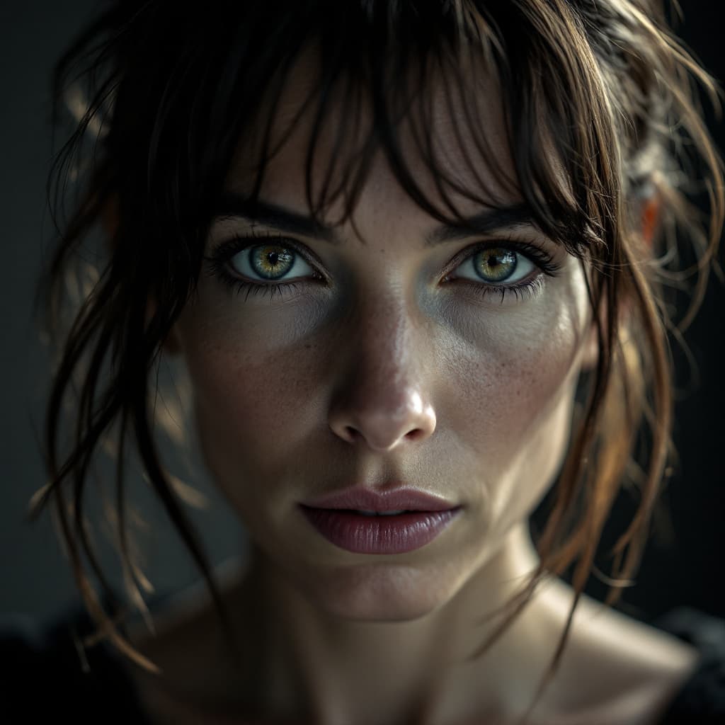 AI generated: Very close-up front portrait of a Jane Birkin,  grey and lights darkness background --ar 2:3 --quali...