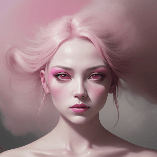 AI generated: portrait of a woman covered in cloud of smoke, whirlwind, pink highlight colors, pink make-up, hints...