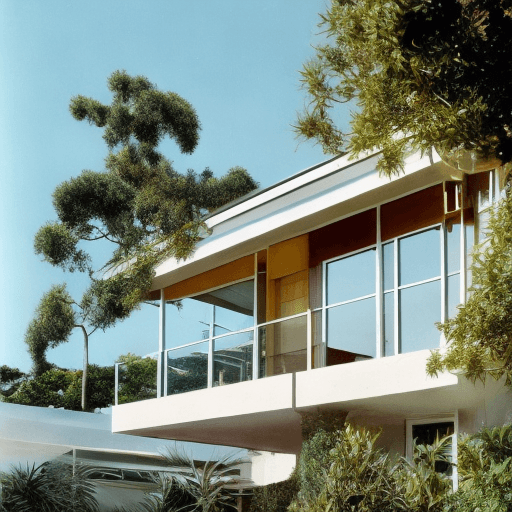 AI generated: Hyper realistic eye level exterior photo of a mid century modern style house overlooking the ocean, ...