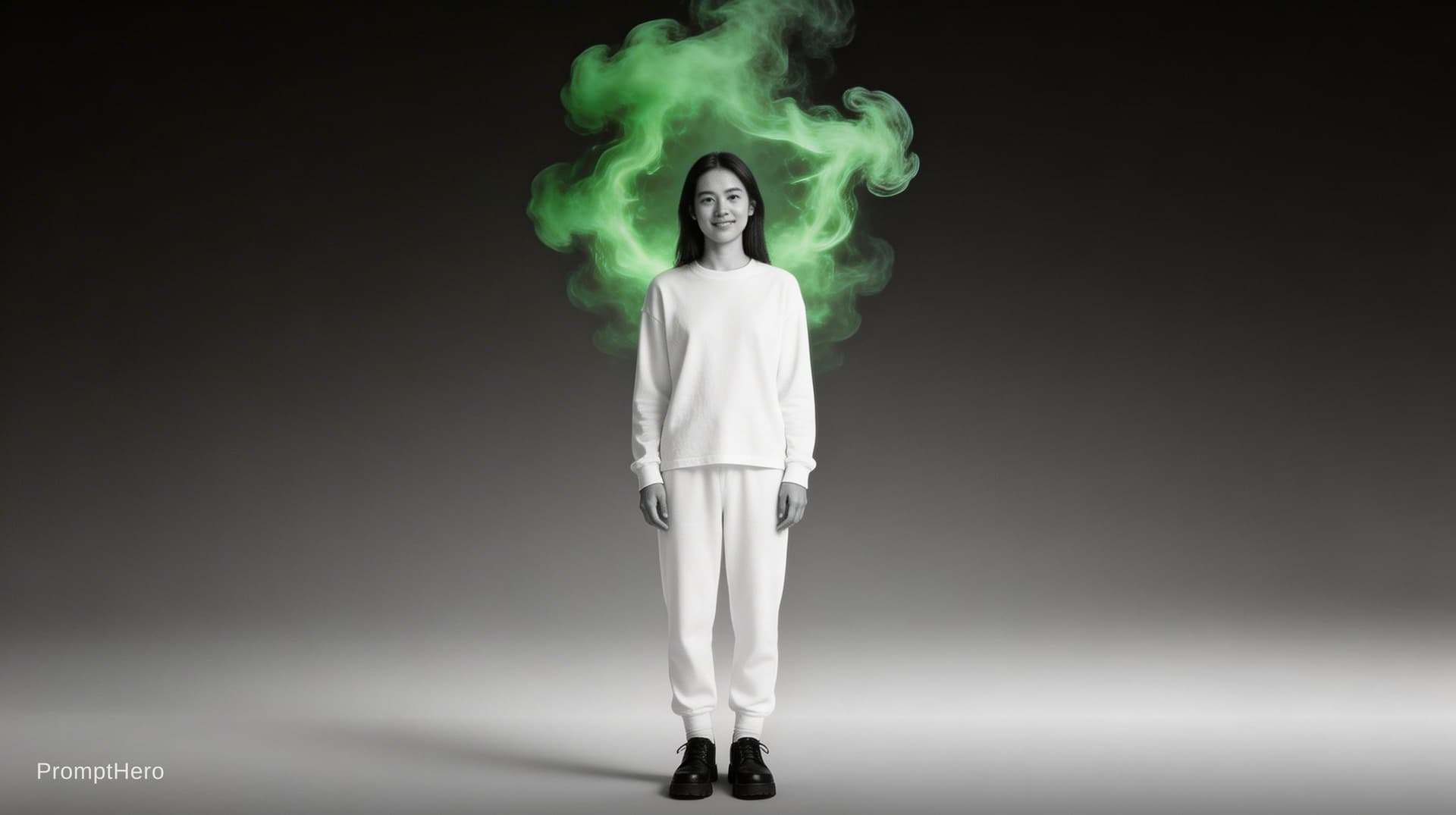 AI generated: photograph, front central shot, full-length, unknown gender figure, black and vibrant radioactive gr...