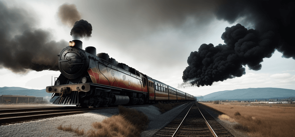 AI generated: Cinematic, Wildlife ,Wide Angle, colorfull,Perspective, High Contrast,An old train is moving away fr...