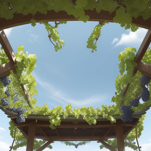 AI generated: view looking up from under an arbor on a slightly cloudy day with cerulean sky. grapevines and clust...