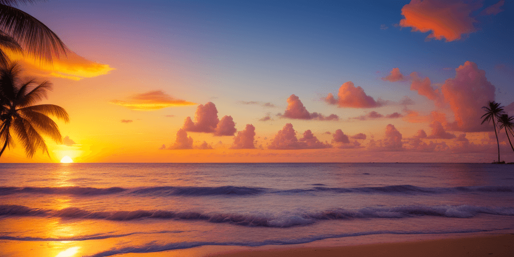 AI generated: Tropical sunset from the beach at high tide
