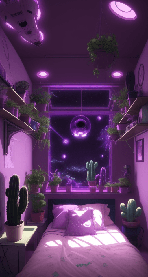 AI generated:  aesthetic spaceship bedroom, anime style, night, plants, cute, cactus, purple soft lights, anime, v...