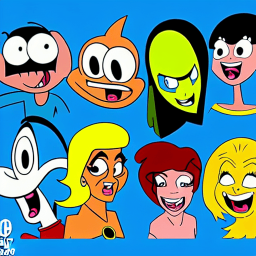 AI generated: A group of cartoon characters, from various franchises, are depicted in a portrait, all laughing out...