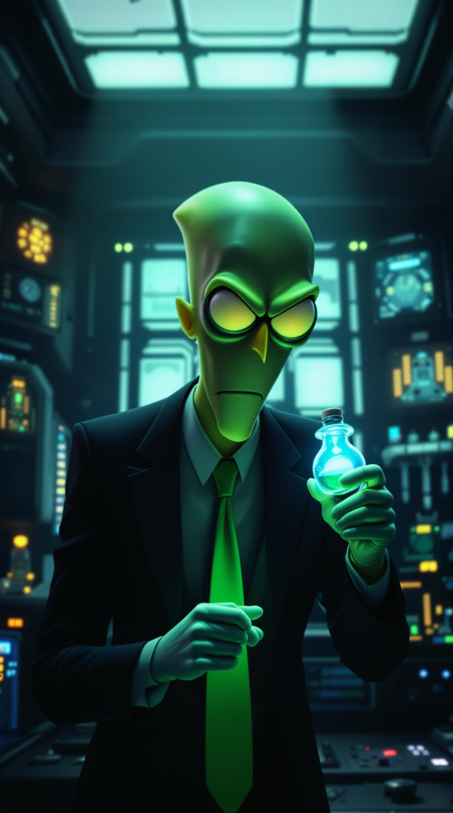 AI generated: Subject: Plankton as a cunning scientist.
Movement: Leaning forward with an intense gaze; holding a ...
