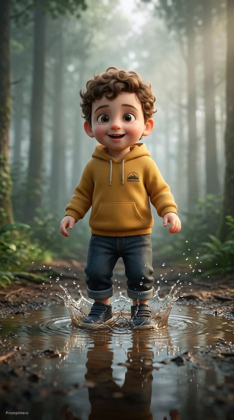 AI generated: Cute stylized 3D little boy standing in a shallow muddy puddle in a misty forest, close-up on boots ...