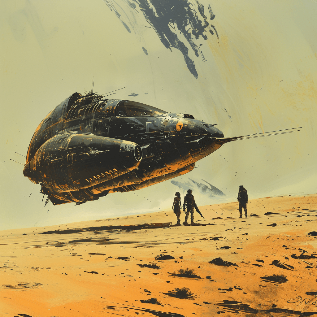 AI generated: 70s dark fantasy book illustration art in the style of Frazetta mecha spaceship with two people stan...