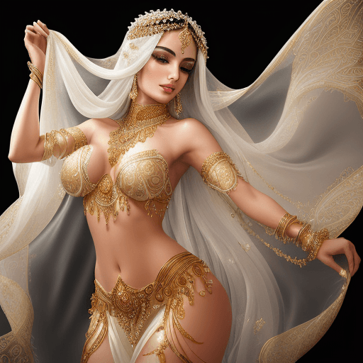 AI generated: a high-resolution portrait of a supermodel beautiful 25 year old belly dancer wearing exquisite flow...