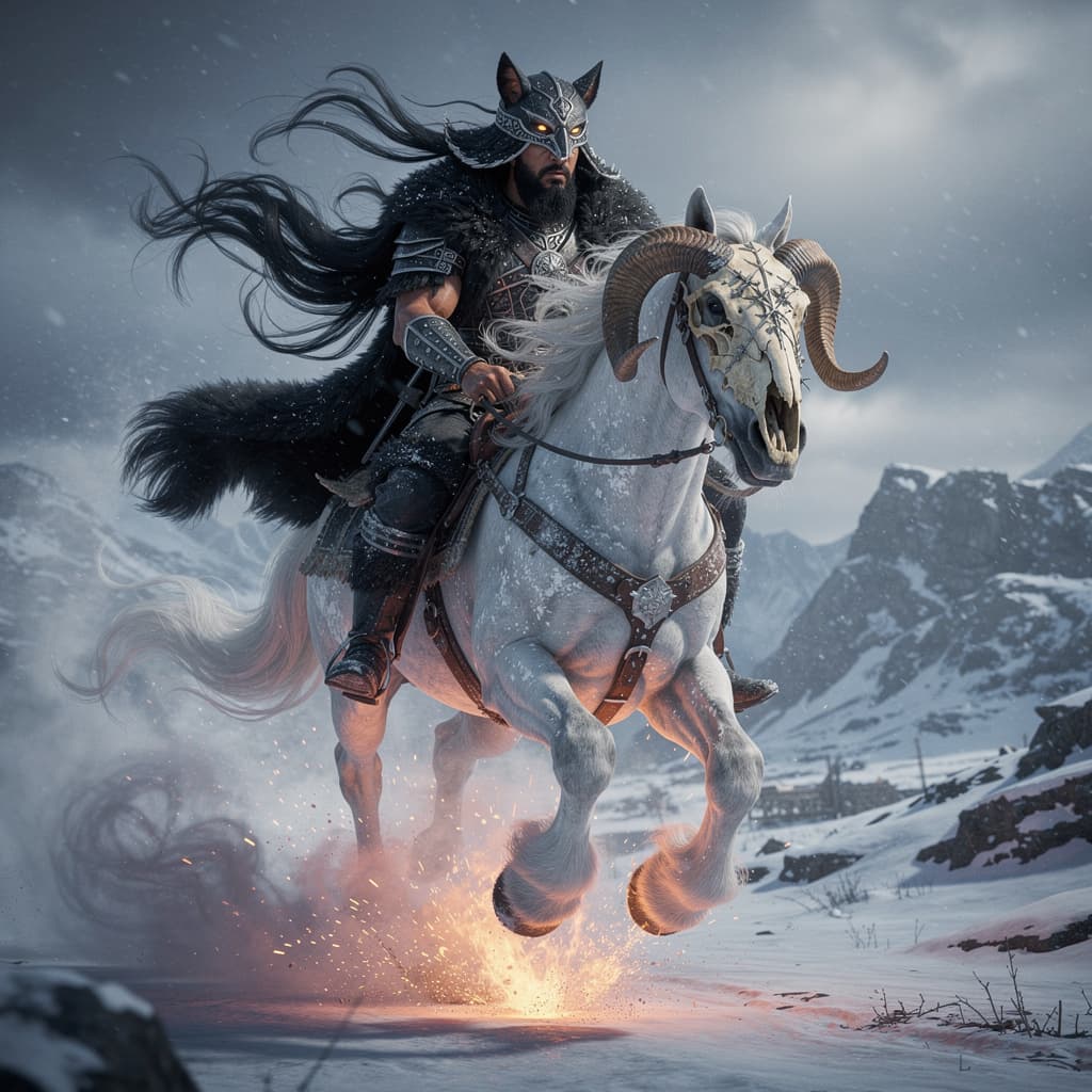 AI generated: Unreal engine, a hispanic male with a black beard, wearing a black wolf headdress, black fur coat in...