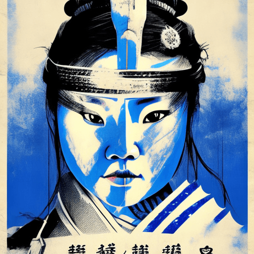AI generated: movie poster, female samurai character in black, white and blue, in the style of yoh nagao, light-fo...