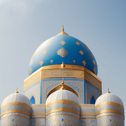 AI generated: Mosque with a majestic blue dome covered with gold ornaments, minaret with stunning ornaments, brigh...