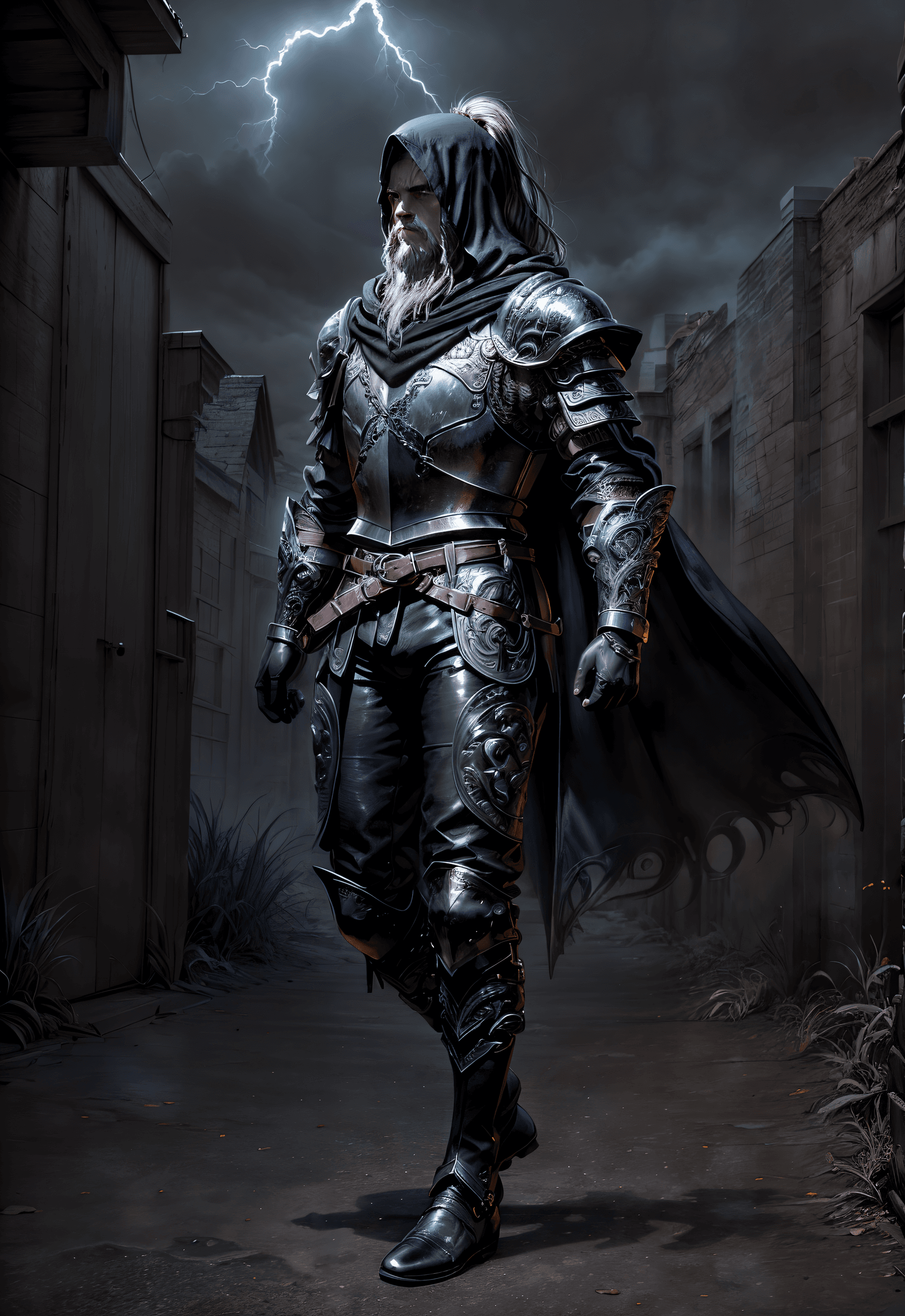 AI generated: Digital Art, a sinister feathered rogue Viking man, delicate\(armor\) , black shoulder armor, black ...