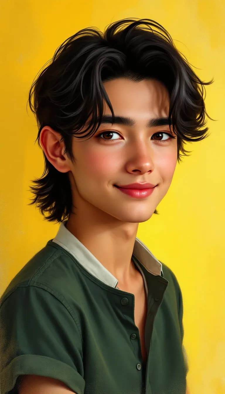 AI generated: 

"Create a portrait of a young person with medium-length, slightly wavy black hair, styled casually...