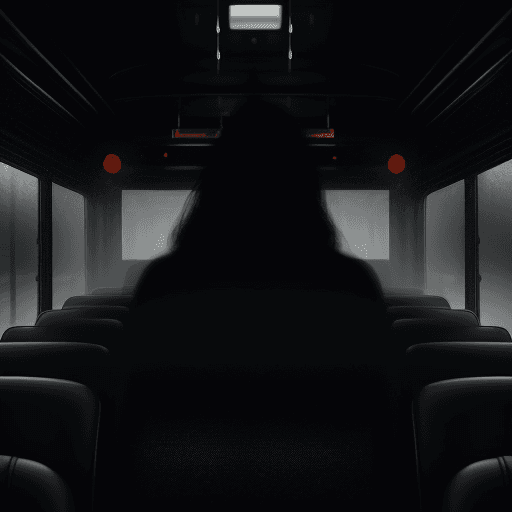 AI generated: shadowy figure next to the driver  of the glossy black school bus from behind, large in frame, glowi...
