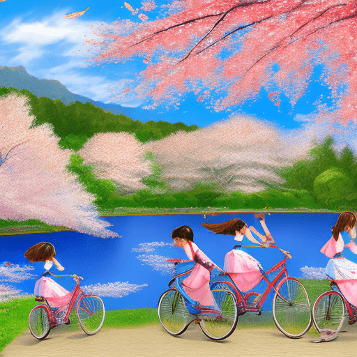 AI generated: Blue lake, cherry blossoms in full bloom, girls riding bicycles