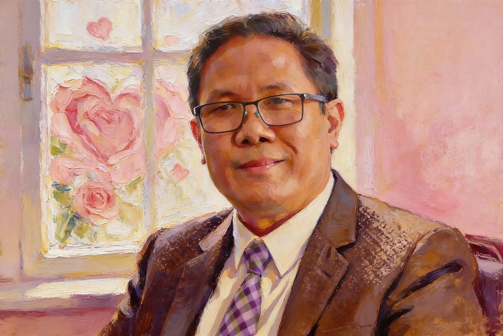 AI generated: a painting of a man (face image provided) sitting near a window,in the style of men ,playfully intri...