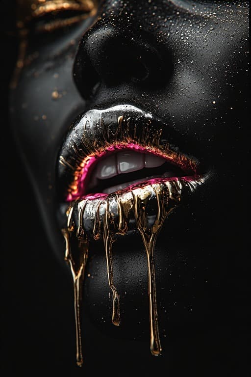 AI generated: A hyperrealistic, extreme close-up macro shot of a woman's mouth against a black background. Her lip...