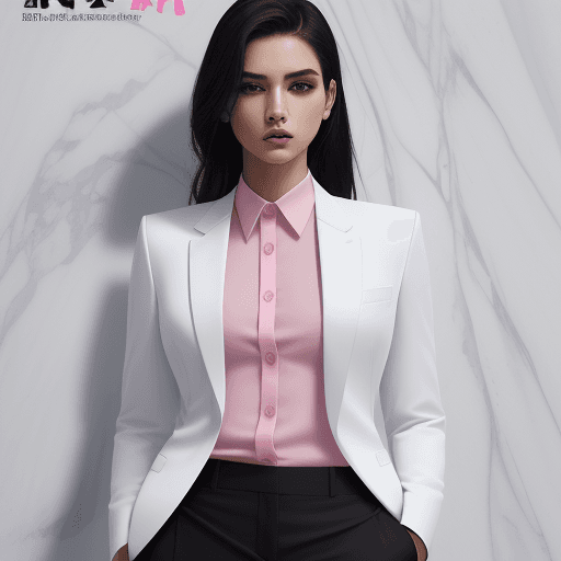 AI generated: fashion cover, front view, upper-body, woman model, white marble wall, black suit, blue shirt, pink ...