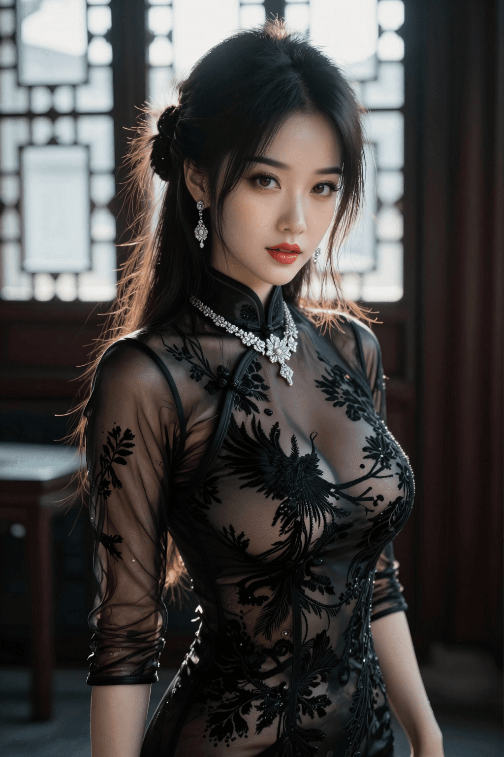 AI generated: capturing the elegant "modern-traditional" fusion aesthetic, the intricate black-on-black textures, ...