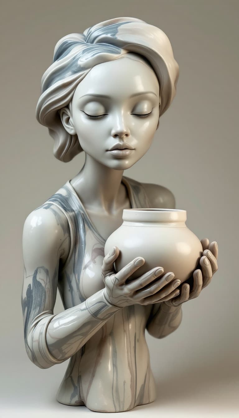 AI generated: Ceramic Sculpture, 3D Forms, Glazed Surfaces, Organic, Woman Holding a Pot Shaping, Intent Gaze, Ear...