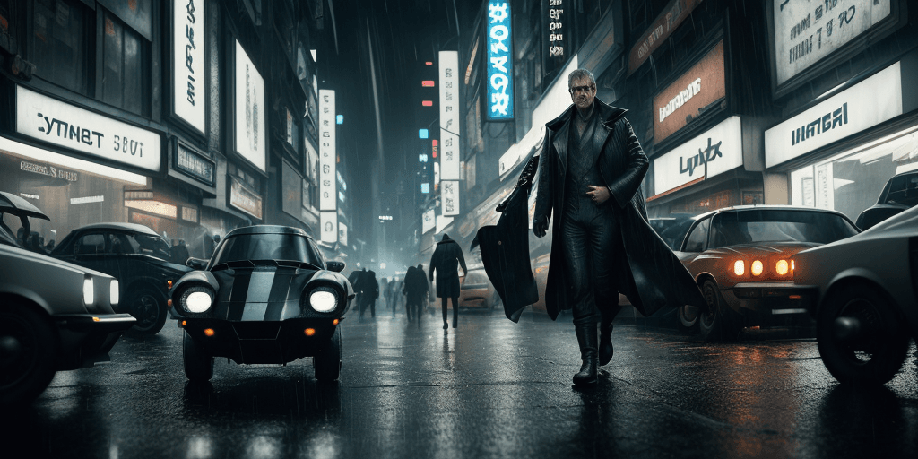 AI generated: This man in blade runner, photo, light box, three point lighting, film grain, epic movie poster, fly...
