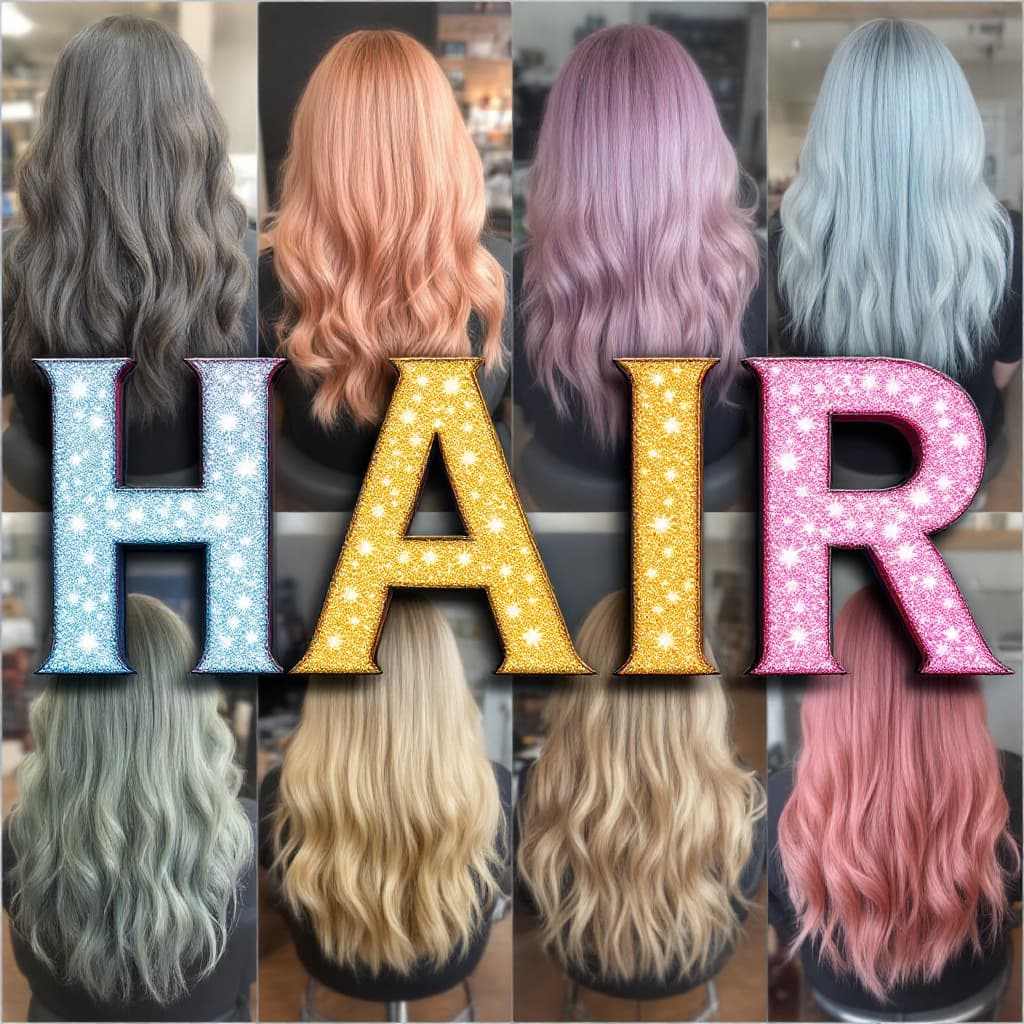 AI generated: HAIR EXTENSIONS OF DIFFERNT COLORS SPELLING OUT THE WORD "HAIR" IN "SAMMYS HAIR EMPORIUM"