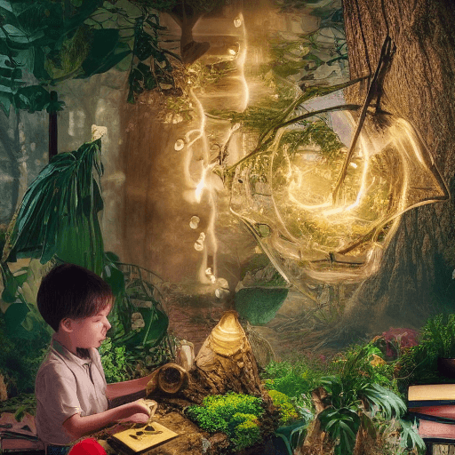 AI generated: a boy finds magical gold ring, magical forest growing in a large bulbous bottle standing on a wooden...
