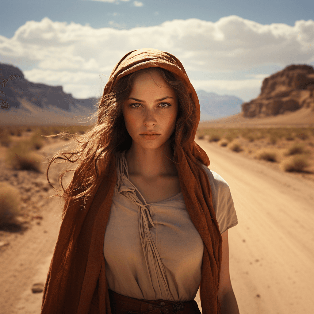 AI generated: desert road, golden ratio, by Edmund Blair Leighton, Brom, Charlie Bowater, faces by Tom Bagshaw, Sa...