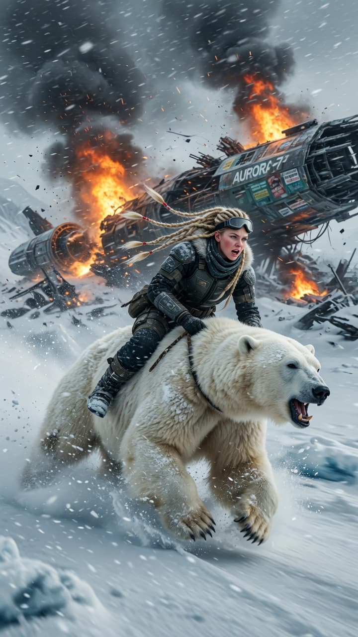 AI generated: A fierce young woman with long flowing blonde braids, wearing dark tactical survival gear, rides pow...