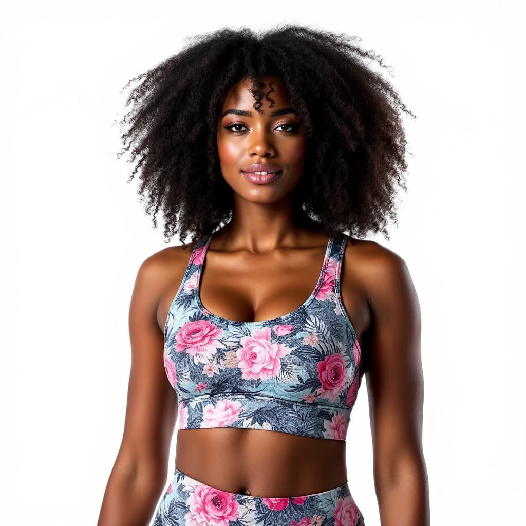 AI generated: a black woman wearing sports bra and matching leggings. The backdrop is white.