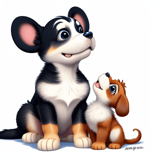 AI generated: Disney style puppy looking up at its mother on white background