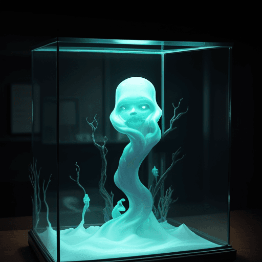 AI generated: a display case for a glowing ectoplasmic ghost in a laboratory environment, cinematic, dramatic ambi...