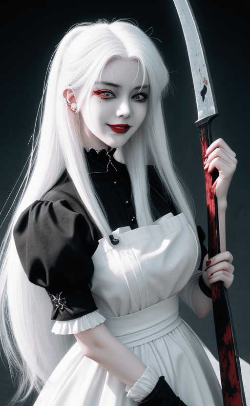 AI generated:  Vampire girl with white hair, holding a scythe weapon, blood on her lips, smiling, wearing a maid u...