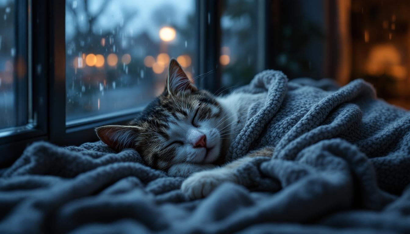 AI generated: a realistic bipedal American Shorthair cat sleeping peacefully indoors, wearing cozy clothes, while ...