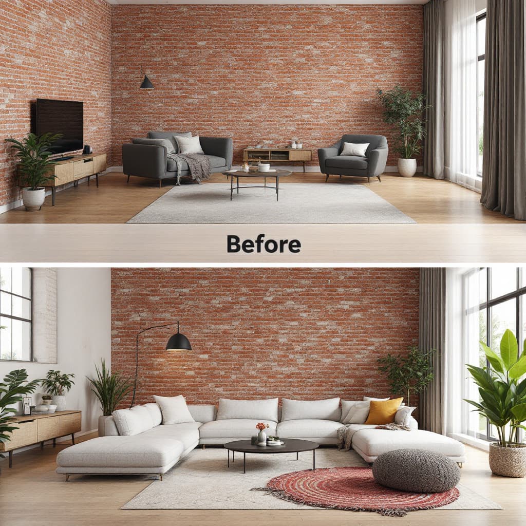 AI generated:  Before & After concept (empty space vs. 3D render) a divided photo  with An empty, unfinished space...