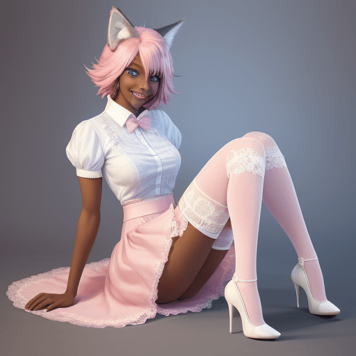 AI generated: art, furry, anthro wolf, blue eyes, smiling face, pink hair, arms, hands, fingers, dark skin, full b...