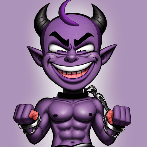 AI generated: drawing of a cartoon purple demon, slim, handcuffed and smiling