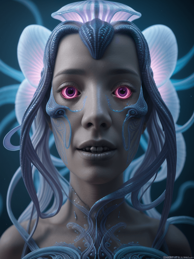 AI generated: Goddess close-up portrait ribcagel. jellyfish phoenix head, nautilus, orchid, skull, betta fish, bio...