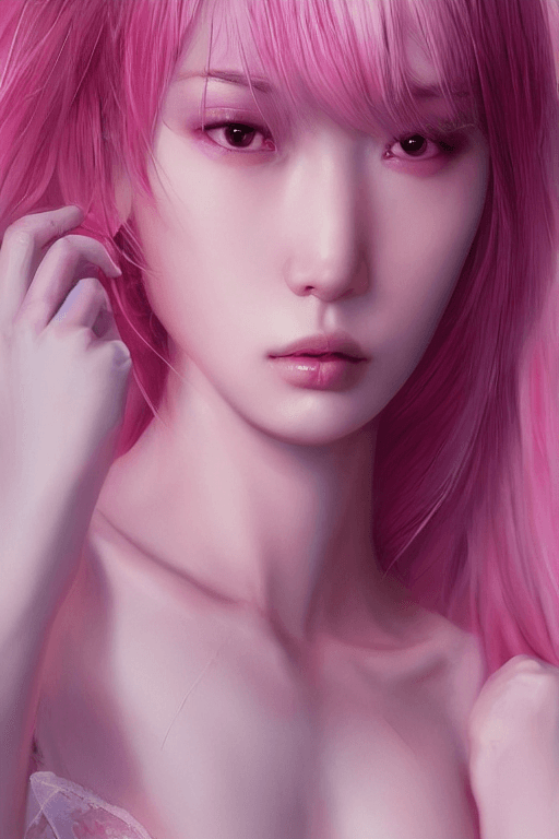AI generated: mdjrny-v4 style, medium length white and pink ombre hair, a young South Korean girl wearing pink lin...
