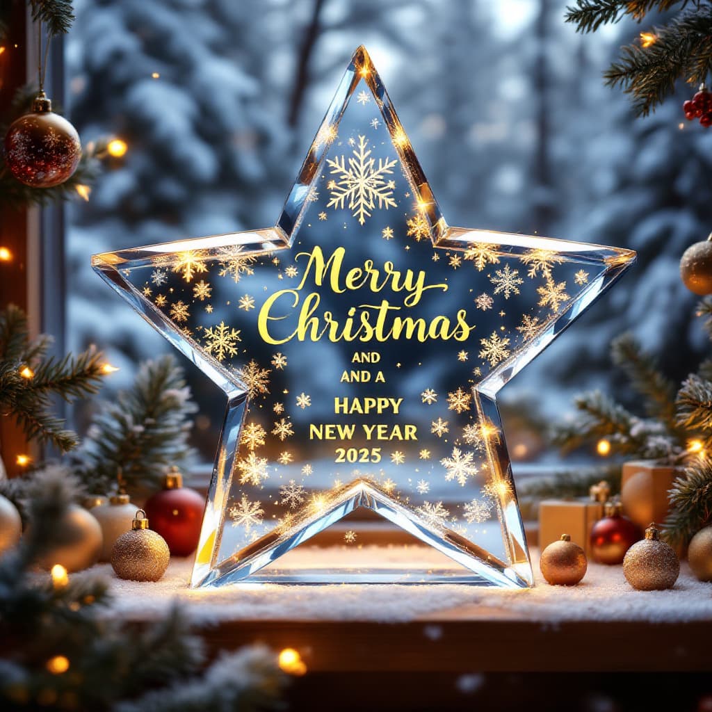 AI generated: High resolution crystal star with beautiful snowflakes and the name "Merry Christmas and a Happy New...