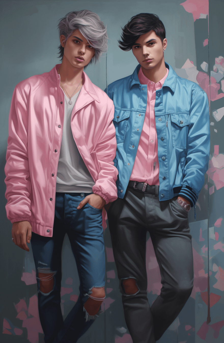 AI generated: Painting of two boys in blue jeans and pink jackets, in the style of daz3d, romantic motifs, barbiec...